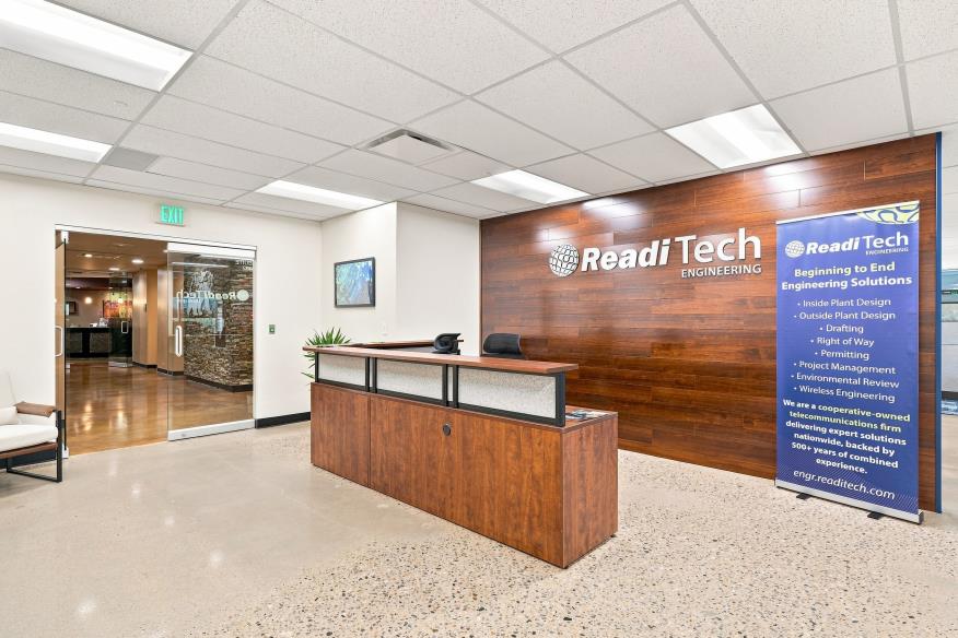 Building lobby reception desk and signage